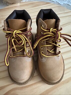 Timberland Tan Kids Boots with Yellow & Maroon Braided Laces